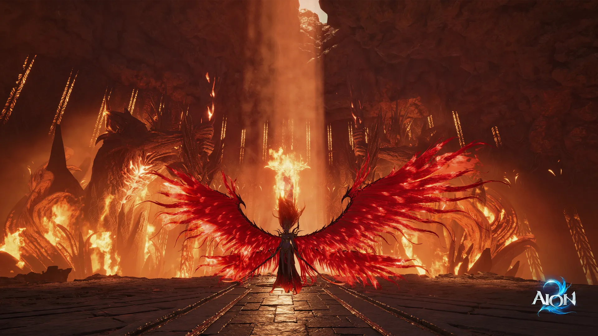 Aion 2 character with red wings in a fiery facility
