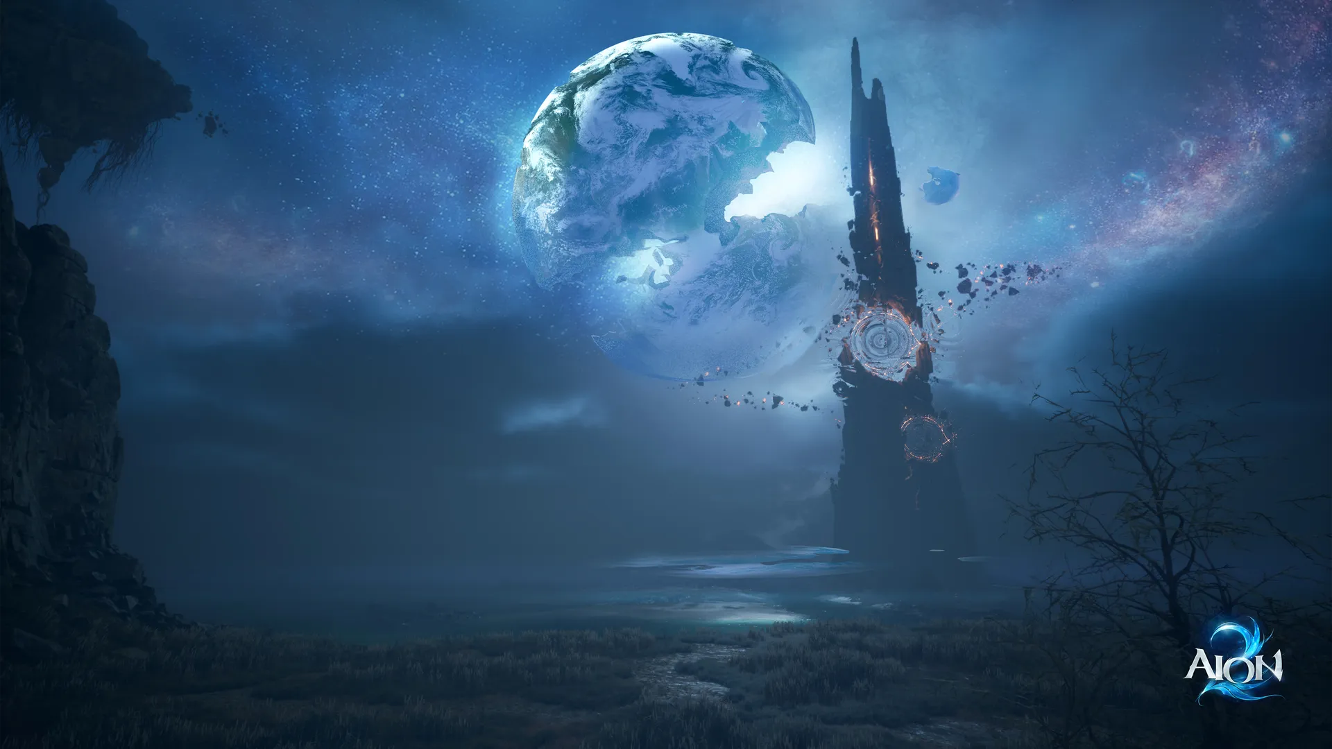 Aion 2 Spacetime Rift beneath a broken moon