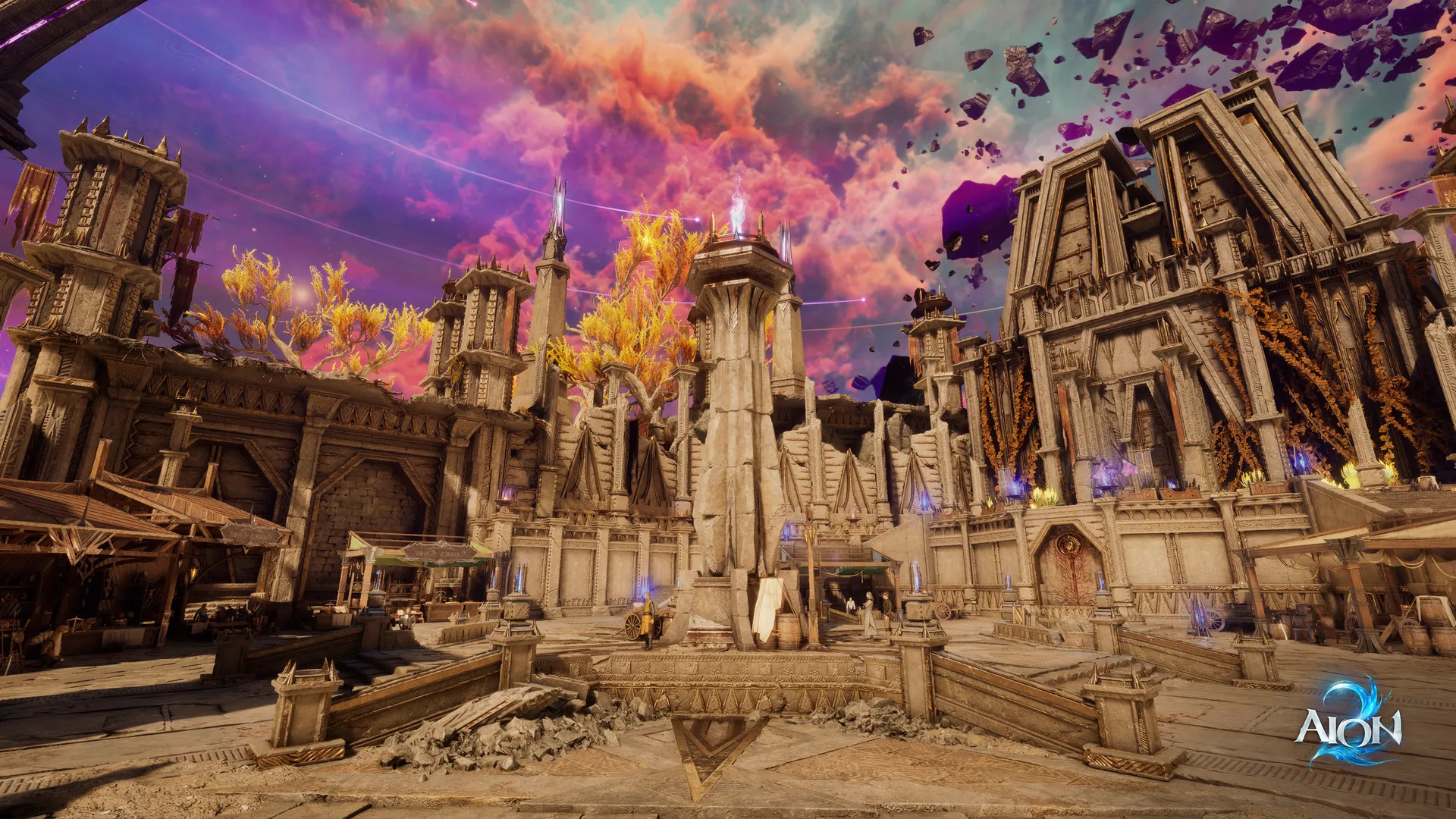 Aion 2 city beneath a fractured purple sky